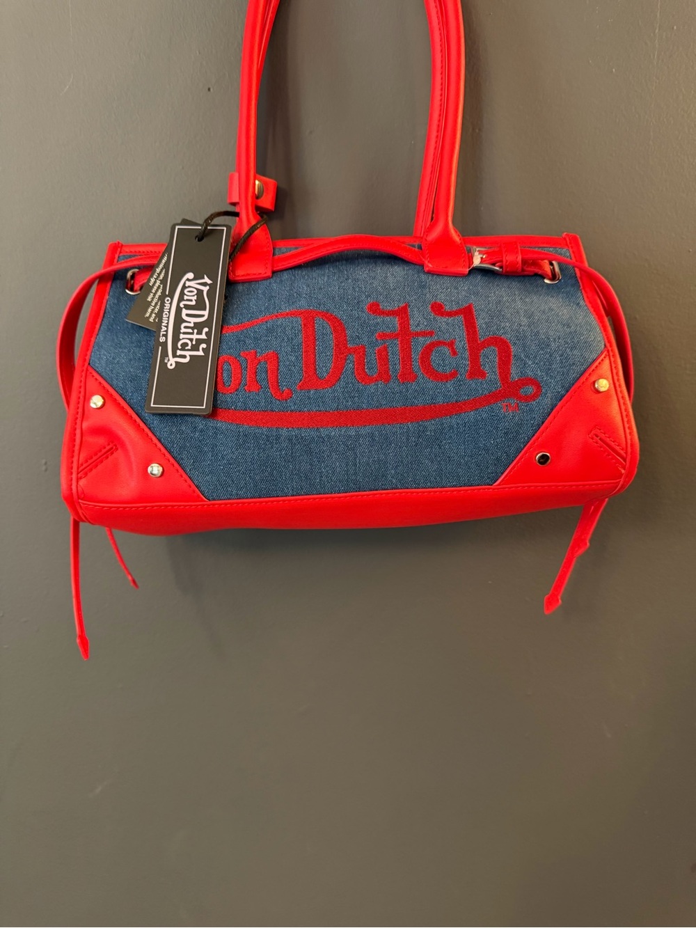 Von Dutch Red & Denim Logo Shoulder Bag